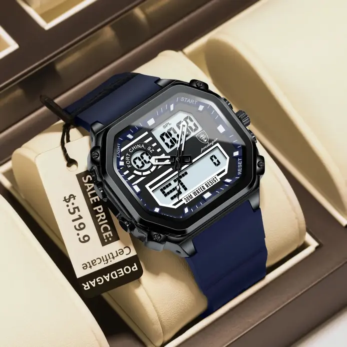 Reloj deportivo LED POEDAGAR para hombre, pantalla de doble horario, reloj Digital de semana con fecha cuadrada para hombre, correa de silicona electrónica, relojes de cuarzo para hombre 1