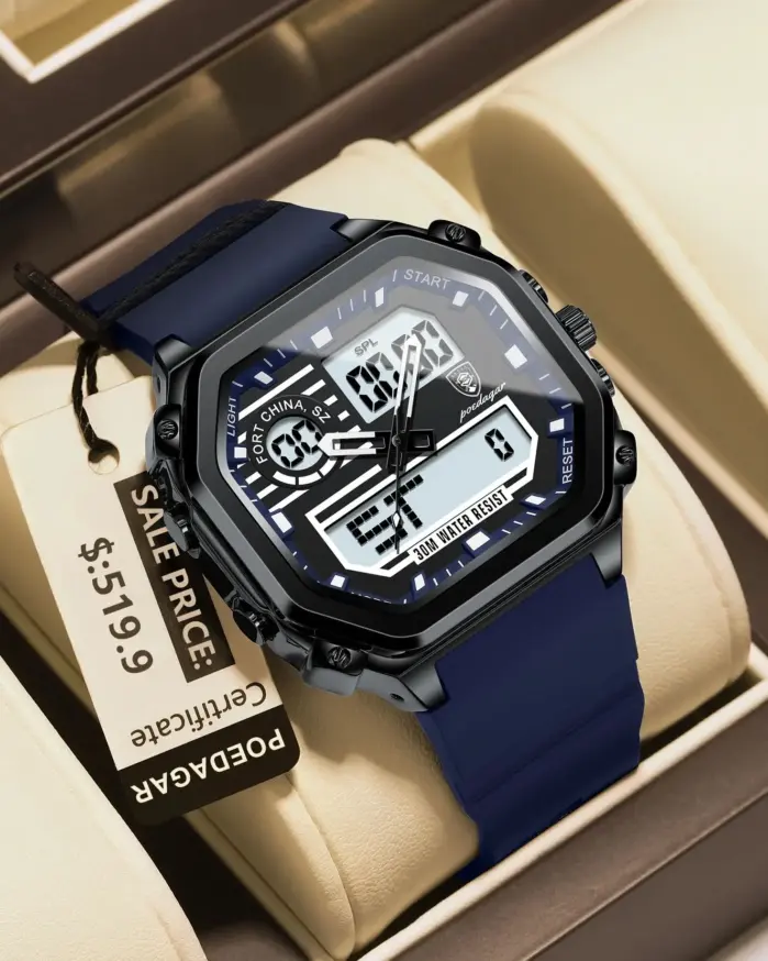 Reloj deportivo LED POEDAGAR para hombre, pantalla de doble horario, reloj Digital de semana con fecha cuadrada para hombre, correa de silicona electrónica, relojes de cuarzo para hombre 1
