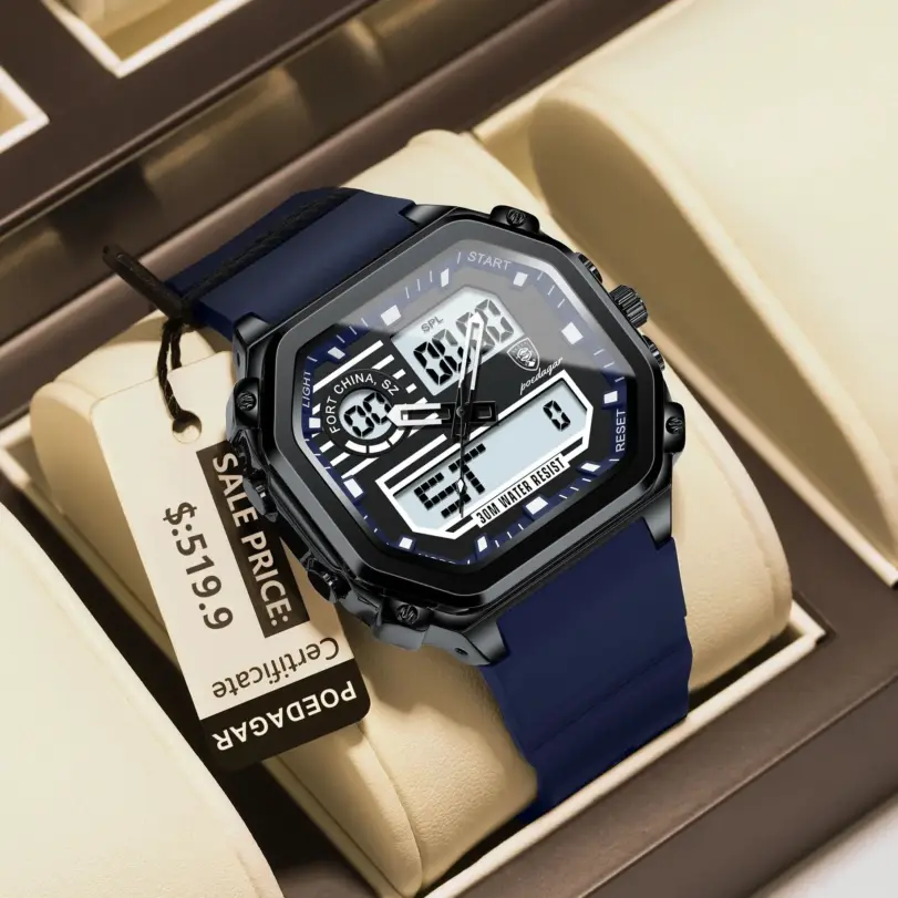 Reloj deportivo LED POEDAGAR para hombre, pantalla de doble horario, reloj Digital de semana con fecha cuadrada para hombre, correa de silicona electrónica, relojes de cuarzo para hombre 1