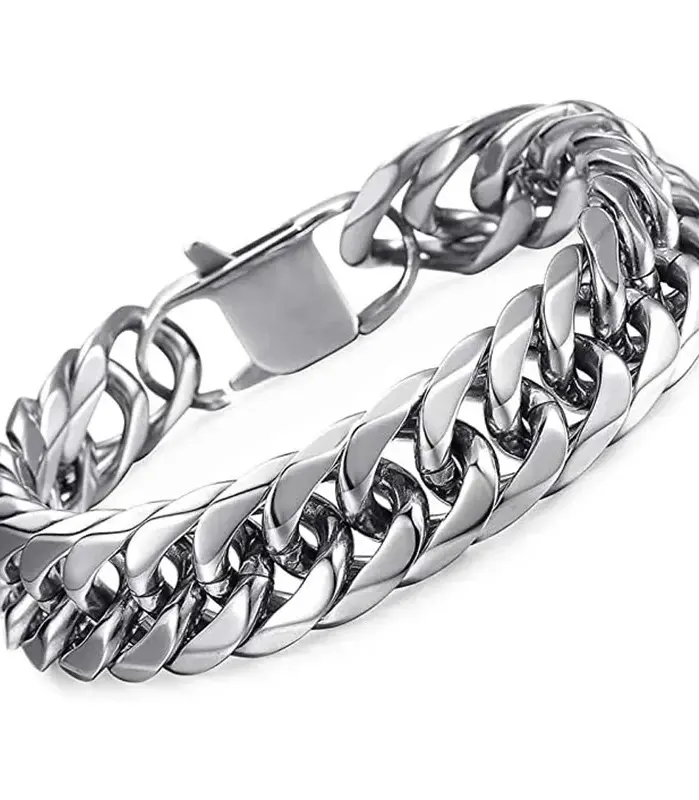 HNSP Pulsera de cadena cubana LA de acero inoxidable para hombre, estilo punk hip hop, color plateado, cadena de mano de 8/10/12/14 mm de grosor 1