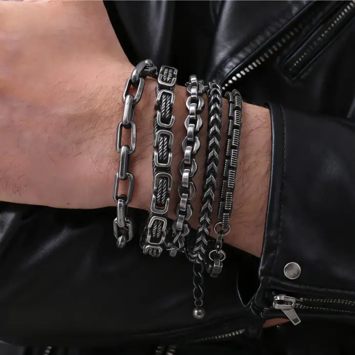 Pulseras bizantinas gruesas para hombre, pulsera de eslabones trenzados de acero inoxidable gris retro de 8 mm, regalo de joyería vintage para él y niño 1