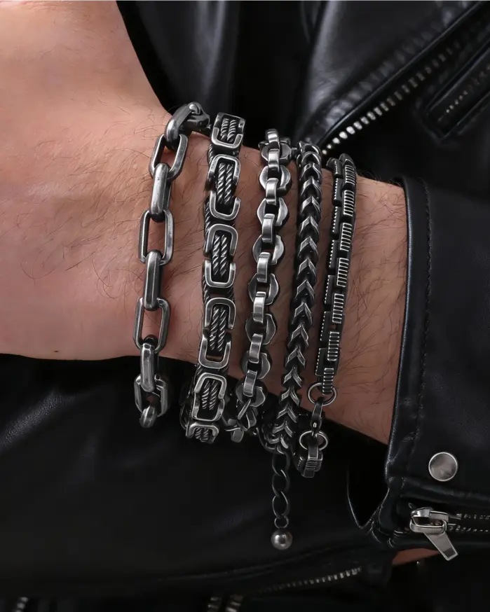 Pulseras bizantinas gruesas para hombre, pulsera de eslabones trenzados de acero inoxidable gris retro de 8 mm, regalo de joyería vintage para él y niño 1
