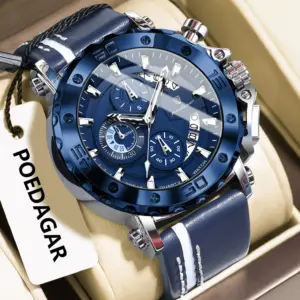 Reloj POEDAGAR de alta calidad para hombre, resistente al agua, fecha luminosa, reloj de moda para hombre, cronógrafo de cuero, relojes de cuarzo para hombre + caja 1