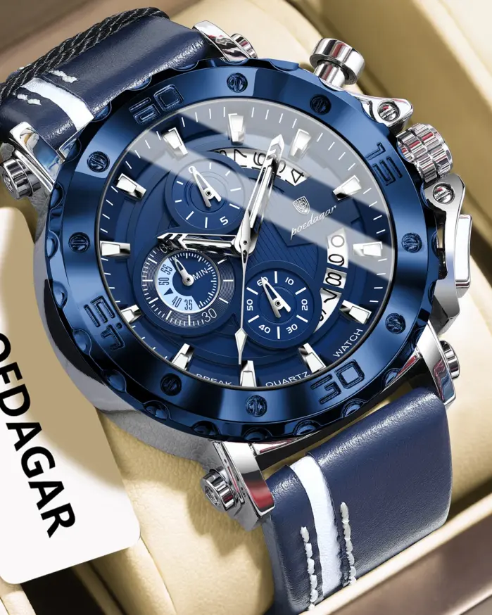 Reloj POEDAGAR de alta calidad para hombre, resistente al agua, fecha luminosa, reloj de moda para hombre, cronógrafo de cuero, relojes de cuarzo para hombre + caja 1