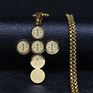 Collar con colgante de cruz de San Benito de acero inoxidable HNSP para hombres y mujeres, joyería, accesorio exorcista, regalos. 1
