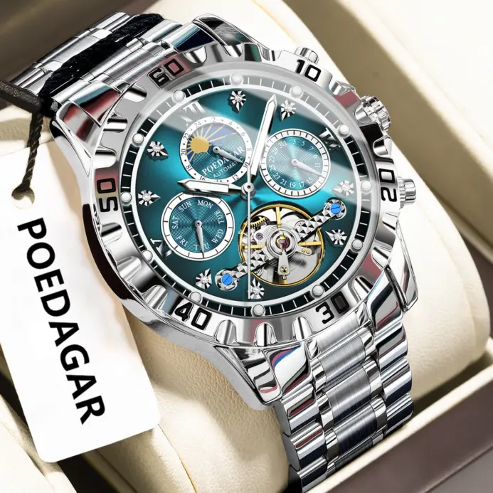 Reloj POEDAGAR militar de lujo para hombre, reloj mecánico resistente al agua para hombre, Tourbillon hueco, relojes automáticos de acero inoxidable para hombre + caja 1
