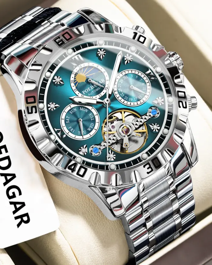 Reloj POEDAGAR militar de lujo para hombre, reloj mecánico resistente al agua para hombre, Tourbillon hueco, relojes automáticos de acero inoxidable para hombre + caja 1