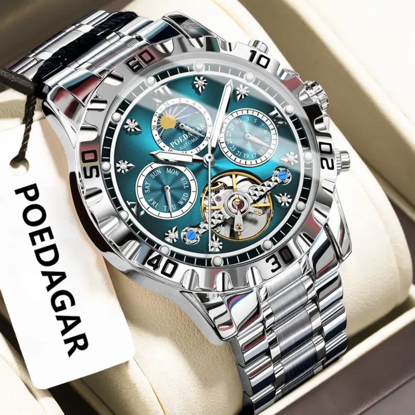 Reloj POEDAGAR militar de lujo para hombre, reloj mecánico resistente al agua para hombre, Tourbillon hueco, relojes automáticos de acero inoxidable para hombre + caja 1