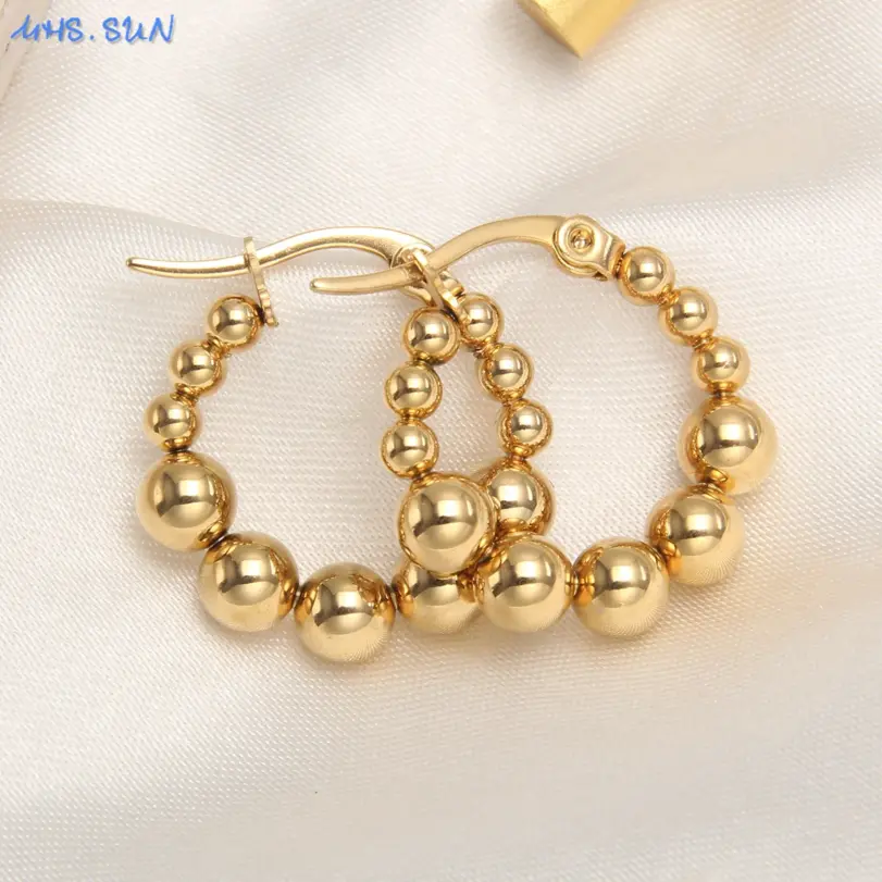 MHS.SUN pendientes de aro de acero inoxidable redondos cuadrados chapados en oro de lujo, pendientes de cuentas de bola cruzada para mujeres y niñas, joyería de boda 1