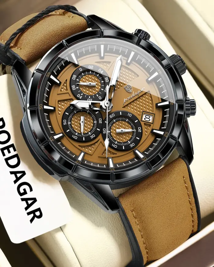 Reloj de pulsera POEDAGAR de lujo para hombre, relojes de cuarzo de cuero originales para hombre, cronógrafo con fecha, reloj luminoso resistente al agua para hombre + caja 1