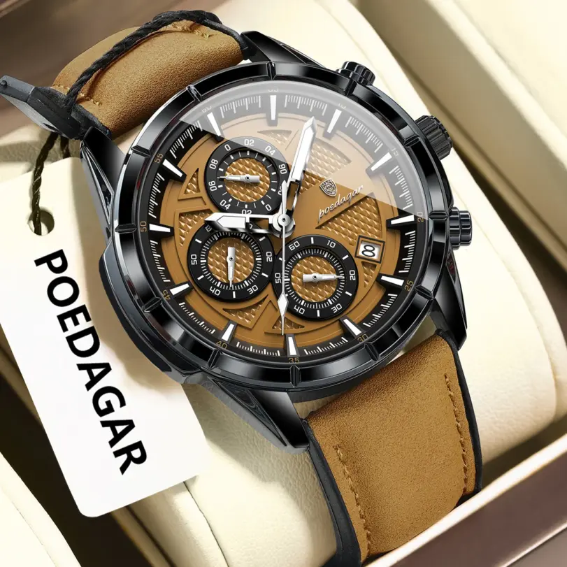 Reloj de pulsera POEDAGAR de lujo para hombre, relojes de cuarzo de cuero originales para hombre, cronógrafo con fecha, reloj luminoso resistente al agua para hombre + caja 1