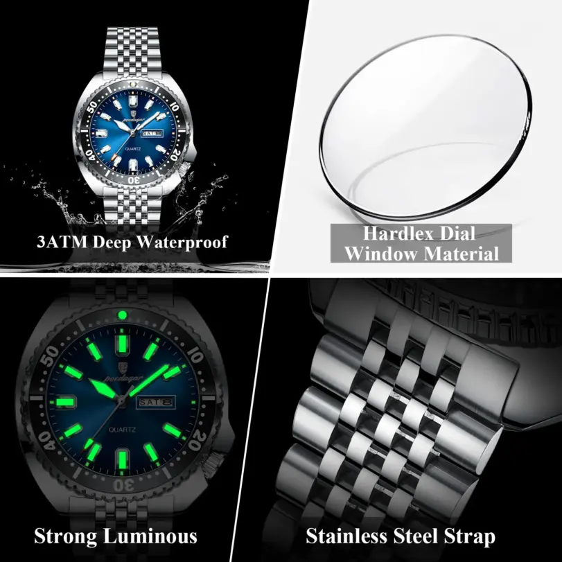 POEDAGAR Reloj de pulsera deportivo de lujo para hombre, Reloj de cuarzo luminoso resistente al agua con calendario semanal para hombre, relojes de acero inoxidable para hombre + caja 3