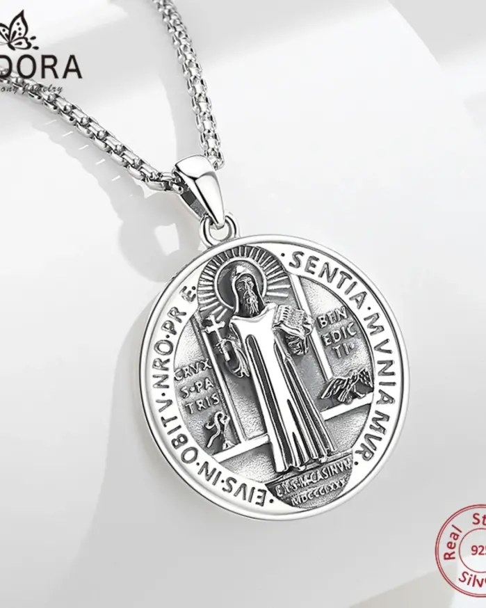 Original Plata de Ley 925 collar con medalla de San Benito Cruz amuleto colgante joyería religiosa regalo para hombre 1