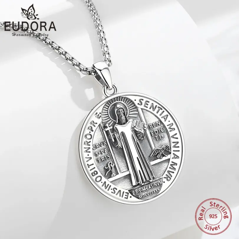 Original Plata de Ley 925 collar con medalla de San Benito Cruz amuleto colgante joyería religiosa regalo para hombre 1