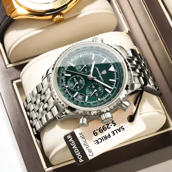 POEDAGAR, reloj militar de lujo para hombre, resistente al agua, luminoso, cronógrafo con fecha, reloj para hombre, relojes de cuarzo de acero inoxidable para negocios para hombre 1