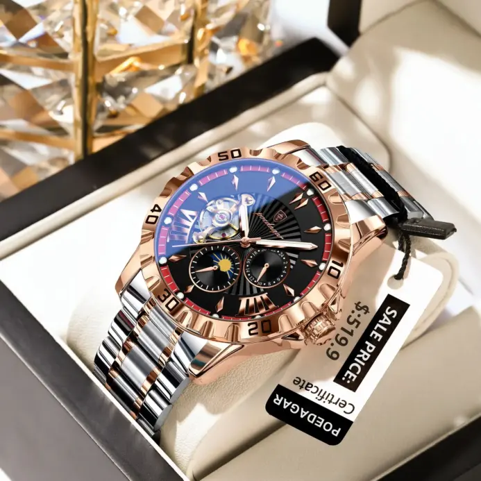 Reloj POEDAGAR de lujo para hombre, Tourbillon hueco, reloj mecánico automático para hombre, relojes luminosos impermeables de acero inoxidable para hombre + caja 2