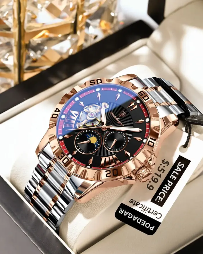 Reloj POEDAGAR de lujo para hombre, Tourbillon hueco, reloj mecánico automático para hombre, relojes luminosos impermeables de acero inoxidable para hombre + caja 2