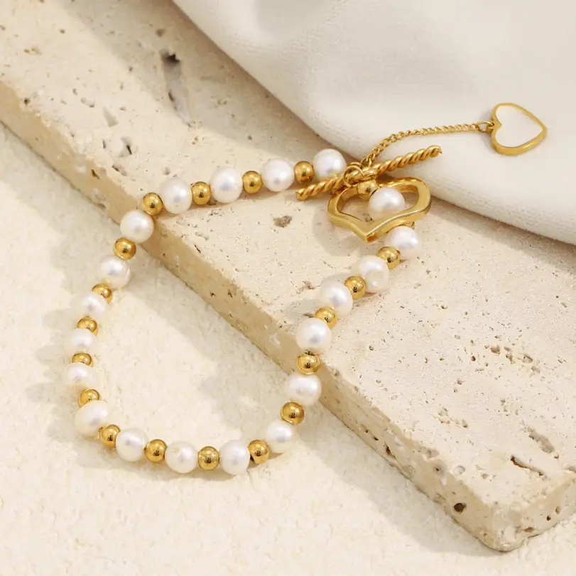 Pulsera MamacitaSlay de Acero Inoxidable 316L con Corazón de Concha de Perla y Cierre OT, Chapada en Oro de 18K, Resistente al Agua, Joyería Elegante para Mujer 6