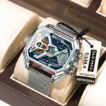 POEDAGAR, reloj de moda para hombre, reloj rectangular resistente al agua con fecha y semana LED para hombre, relojes electrónicos de cuarzo de acero inoxidable con malla para hombre 2