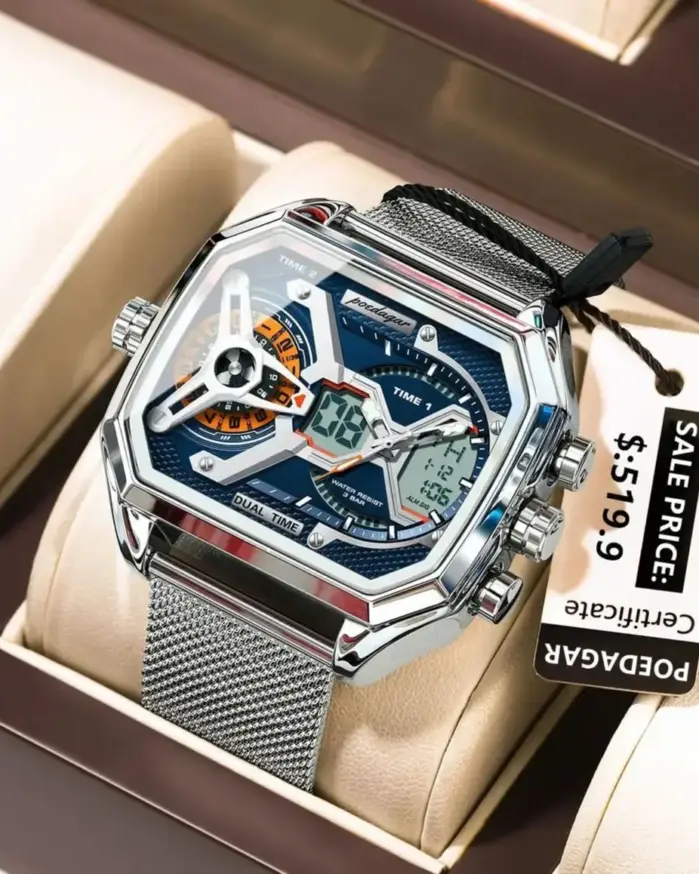 POEDAGAR, reloj de moda para hombre, reloj rectangular resistente al agua con fecha y semana LED para hombre, relojes electrónicos de cuarzo de acero inoxidable con malla para hombre 2