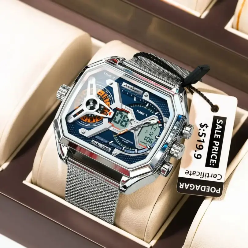 POEDAGAR, reloj de moda para hombre, reloj rectangular resistente al agua con fecha y semana LED para hombre, relojes electrónicos de cuarzo de acero inoxidable con malla para hombre 2