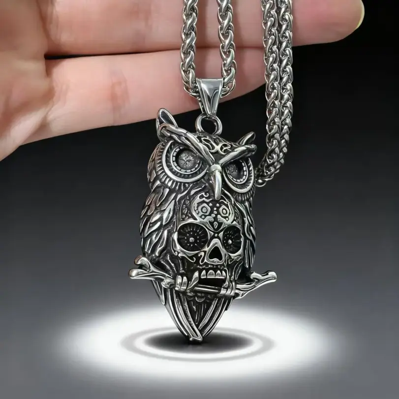 Collar con colgante de calavera de búho de acero inoxidable HNSP 316L para hombre, estilo punk gótico, accesorio de joyería para Halloween, regalo. 5
