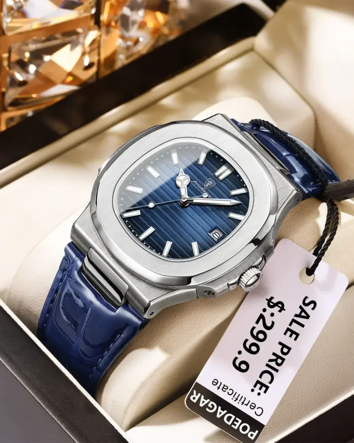 POEDAGAR-reloj cuadrado de lujo para hombre, pulsera de cuarzo resistente al agua con fecha, luminoso, de cuero de alta calidad + caja 1