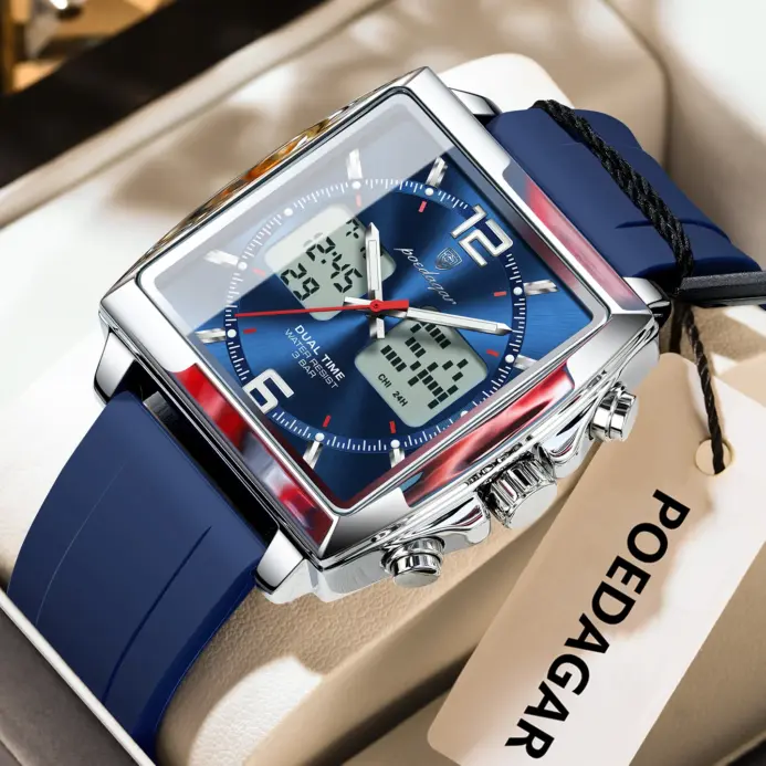 POEDAGAR, reloj de lujo para hombre, cronógrafo electrónico cuadrado con alarma LED, relojes para hombre, fecha semanal, pantalla de doble horario, reloj de cuarzo para hombre 1