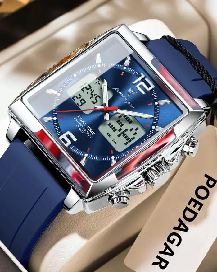 POEDAGAR, reloj de lujo para hombre, cronógrafo electrónico cuadrado con alarma LED, relojes para hombre, fecha semanal, pantalla de doble horario, reloj de cuarzo para hombre 1