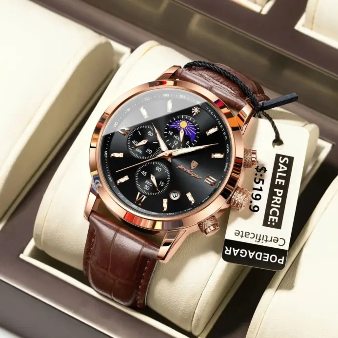 POEDAGAR, Reloj deportivo de lujo para hombre, resistente al agua, luminoso, cronógrafo con fecha, Reloj de pulsera para hombre, relojes de cuarzo de cuero para hombre, Reloj masculino 1