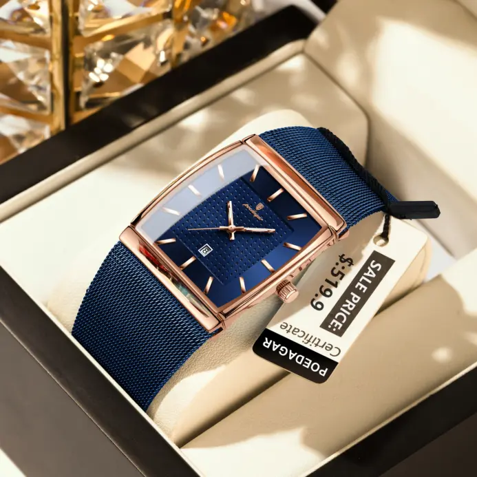 Reloj POEDAGAR Original superior para hombre, reloj de pulsera rectangular con fecha luminosa resistente al agua para hombre, relojes de cuarzo de malla de acero inoxidable para hombre 2