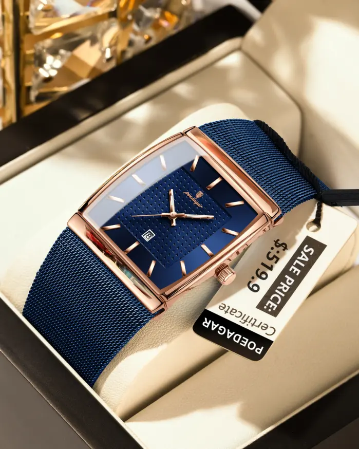 Reloj POEDAGAR Original superior para hombre, reloj de pulsera rectangular con fecha luminosa resistente al agua para hombre, relojes de cuarzo de malla de acero inoxidable para hombre 2