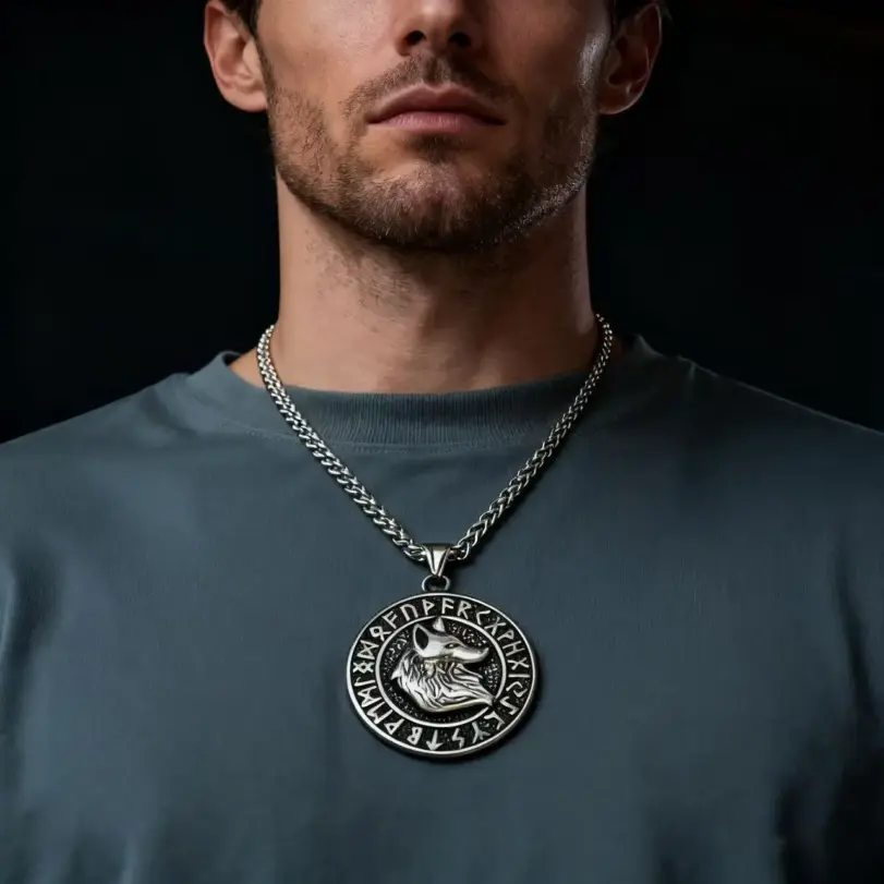 HNSP 316L Acero inoxidable vikingo runa lobo tótem colgante collar para hombres accesorios de joyería 3