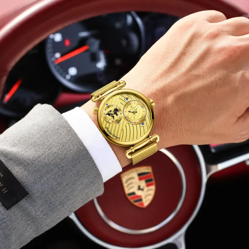 Reloj de pulsera de lujo POEDAGAR para hombre con doble zona horaria, resistente al agua, con fecha, deportivo, de malla de acero inoxidable, reloj de cuarzo para hombre. 5