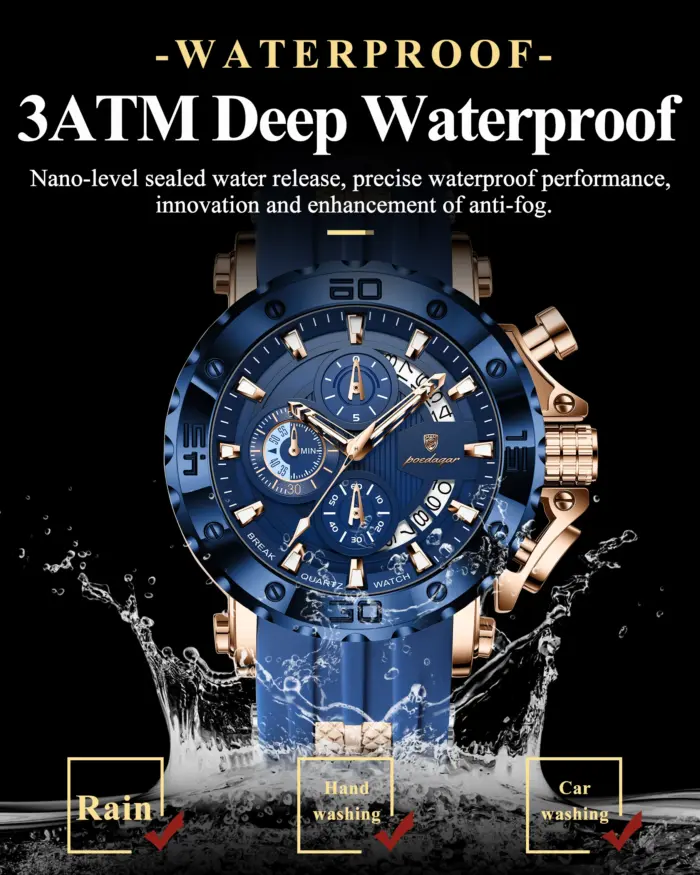 Reloj de Hombre de Lujo Original POEDAGAR, Cronógrafo, Resistente al Agua, Luminoso, Deportivo, con Calendario, Correa de Silicona, Reloj de Cuarzo para Hombre 2