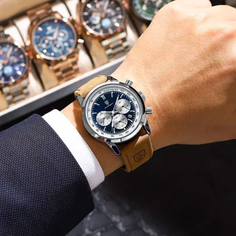 Reloj POEDAGAR de lujo para hombre, cronógrafo resistente al agua, reloj de pulsera luminoso con fecha para hombre, relojes de cuero de cuarzo para hombre Sprots 6