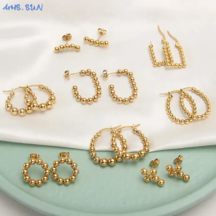 MHS.SUN pendientes de aro de acero inoxidable redondos cuadrados chapados en oro de lujo, pendientes de cuentas de bola cruzada para mujeres y niñas, joyería de boda 2
