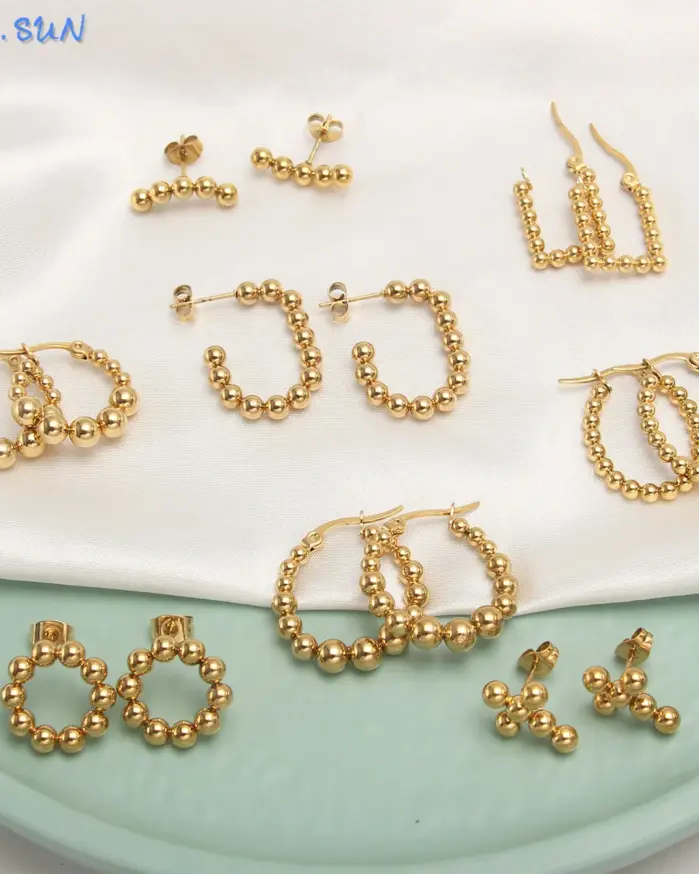 MHS.SUN pendientes de aro de acero inoxidable redondos cuadrados chapados en oro de lujo, pendientes de cuentas de bola cruzada para mujeres y niñas, joyería de boda 2
