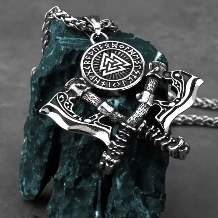 Collar con colgante de doble hacha vikinga de acero inoxidable 316L HNSP para hombre, joyería vintage, accesorios punk. 2