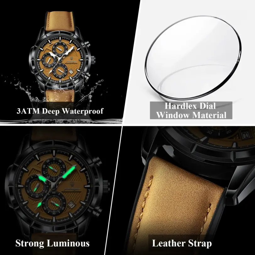 Reloj de pulsera POEDAGAR de lujo para hombre, relojes de cuarzo de cuero originales para hombre, cronógrafo con fecha, reloj luminoso resistente al agua para hombre + caja 3