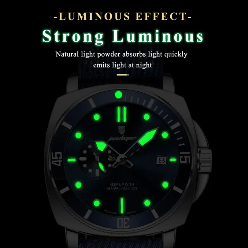 Reloj deportivo militar POEDAGAR para hombre, resistente al agua, luminoso, con fecha, de lujo, con correa de nailon y cuero, reloj de cuarzo para hombre + caja. 3