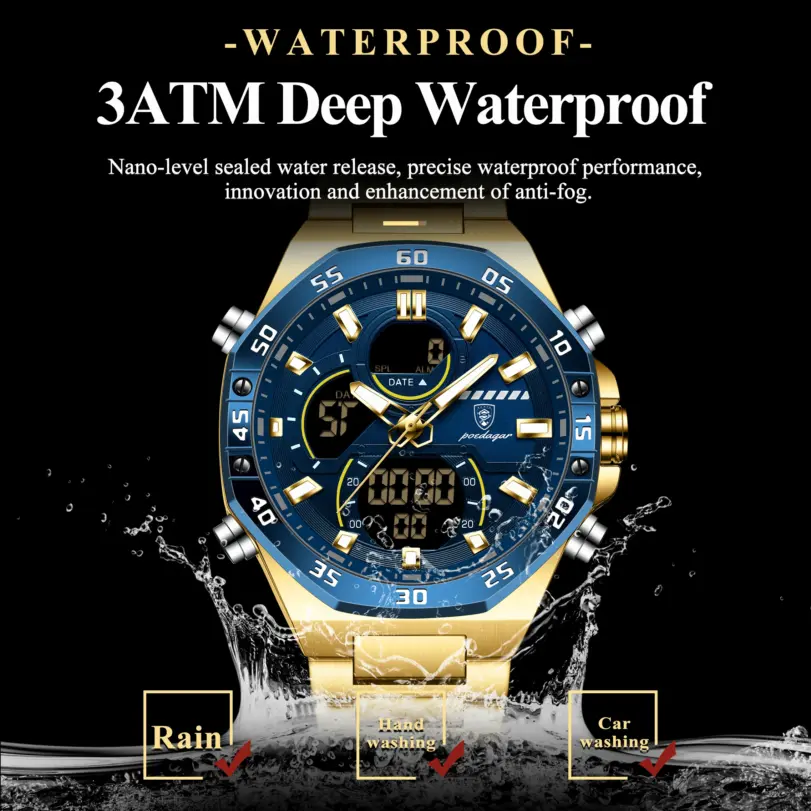 POEDAGAR, reloj Original superior para hombre, reloj de pulsera LED luminoso resistente al agua con fecha semanal para hombre, relojes electrónicos de cuarzo de acero inoxidable para hombre 3