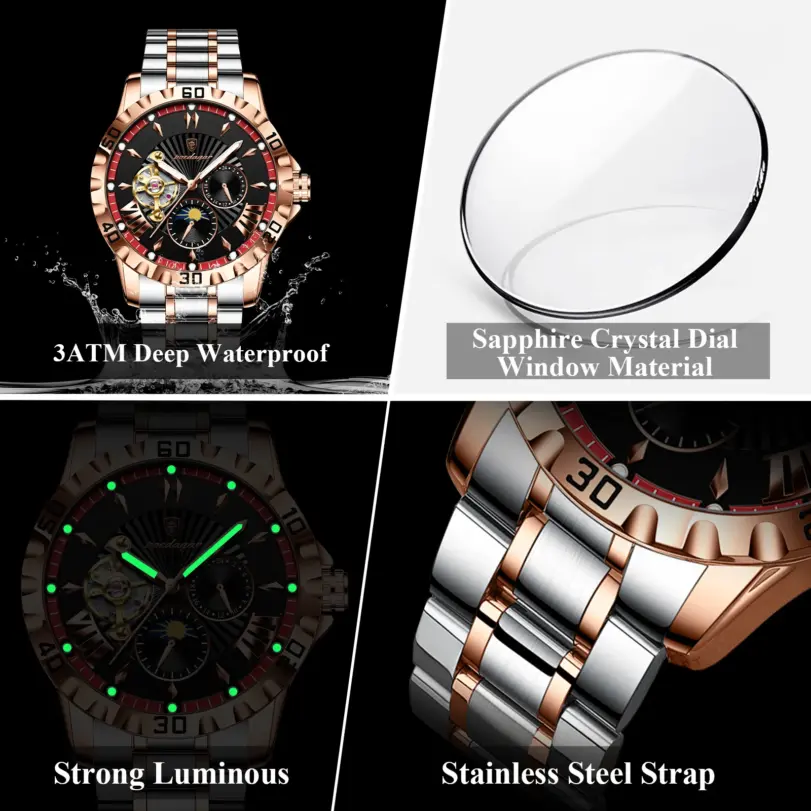 Reloj POEDAGAR de lujo para hombre, Tourbillon hueco, reloj mecánico automático para hombre, relojes luminosos impermeables de acero inoxidable para hombre + caja 4