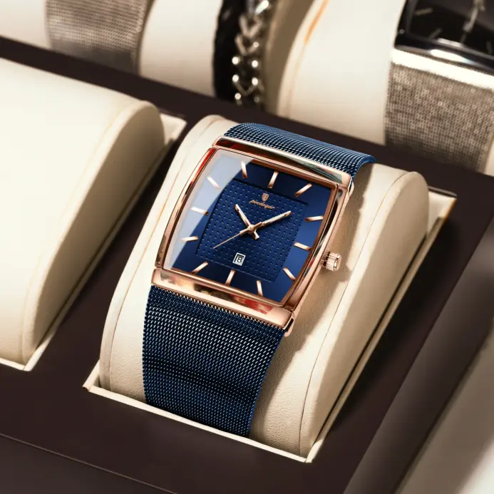 Reloj POEDAGAR Original superior para hombre, reloj de pulsera rectangular con fecha luminosa resistente al agua para hombre, relojes de cuarzo de malla de acero inoxidable para hombre 1