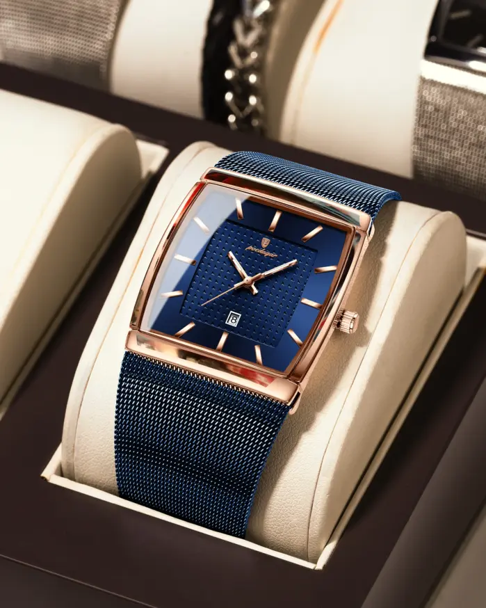Reloj POEDAGAR Original superior para hombre, reloj de pulsera rectangular con fecha luminosa resistente al agua para hombre, relojes de cuarzo de malla de acero inoxidable para hombre 1