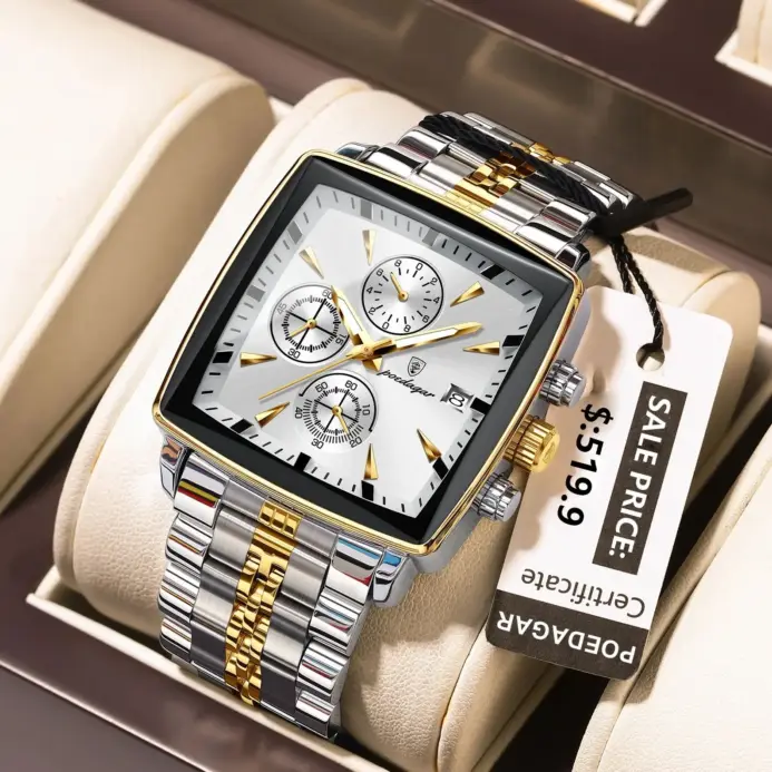 POEDAGAR-Reloj de pulsera deportivo cuadrado para hombre, cronógrafo de cuarzo, luminoso, resistente al agua, de lujo, de acero inoxidable 1