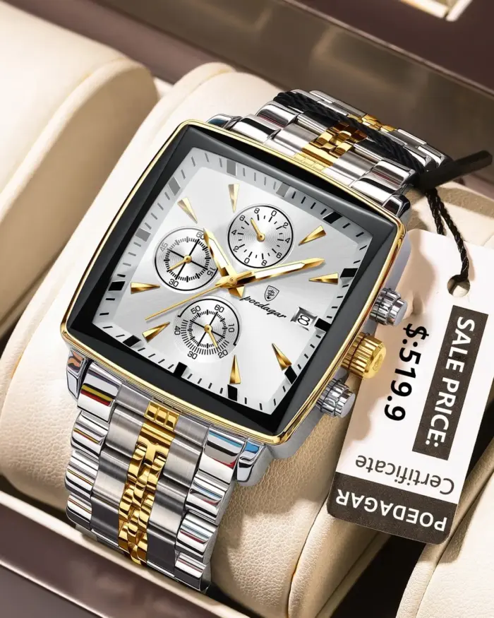 POEDAGAR-Reloj de pulsera deportivo cuadrado para hombre, cronógrafo de cuarzo, luminoso, resistente al agua, de lujo, de acero inoxidable 1