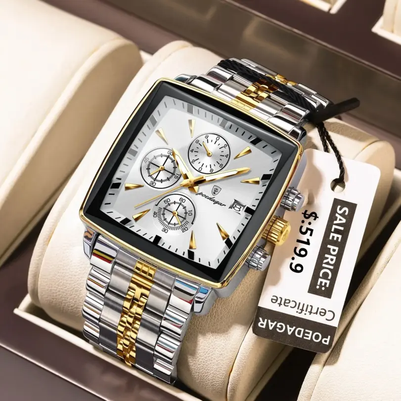 POEDAGAR-Reloj de pulsera deportivo cuadrado para hombre, cronógrafo de cuarzo, luminoso, resistente al agua, de lujo, de acero inoxidable 1