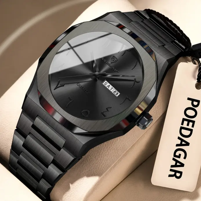 Reloj POEDAGAR de alta calidad a la moda para hombre, Reloj resistente al agua con fecha y semana para hombre, relojes de lujo de acero inoxidable de cuarzo para hombre, Reloj + caja 1