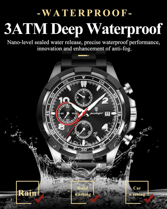 POEDAGAR, reloj Original superior para hombre con fecha, cronógrafo luminoso resistente al agua, reloj para hombre, relojes militares de cuarzo de acero inoxidable para hombre 2